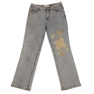 Monroe & Main Women Gray Acid Wash Floral‎ Embroidered Straight Leg Jeans Size 6